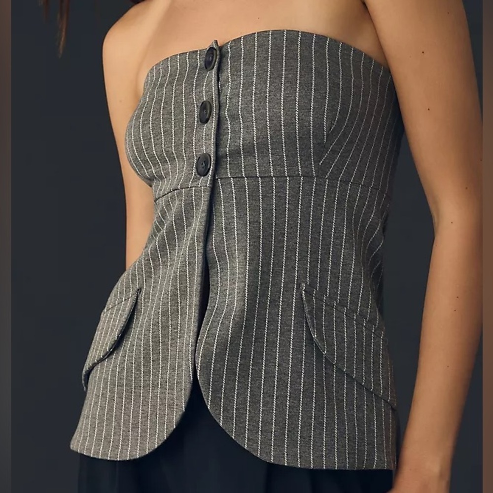 NWT Anthropologie Strapless Blazer Top Grey Pinstripe sz L